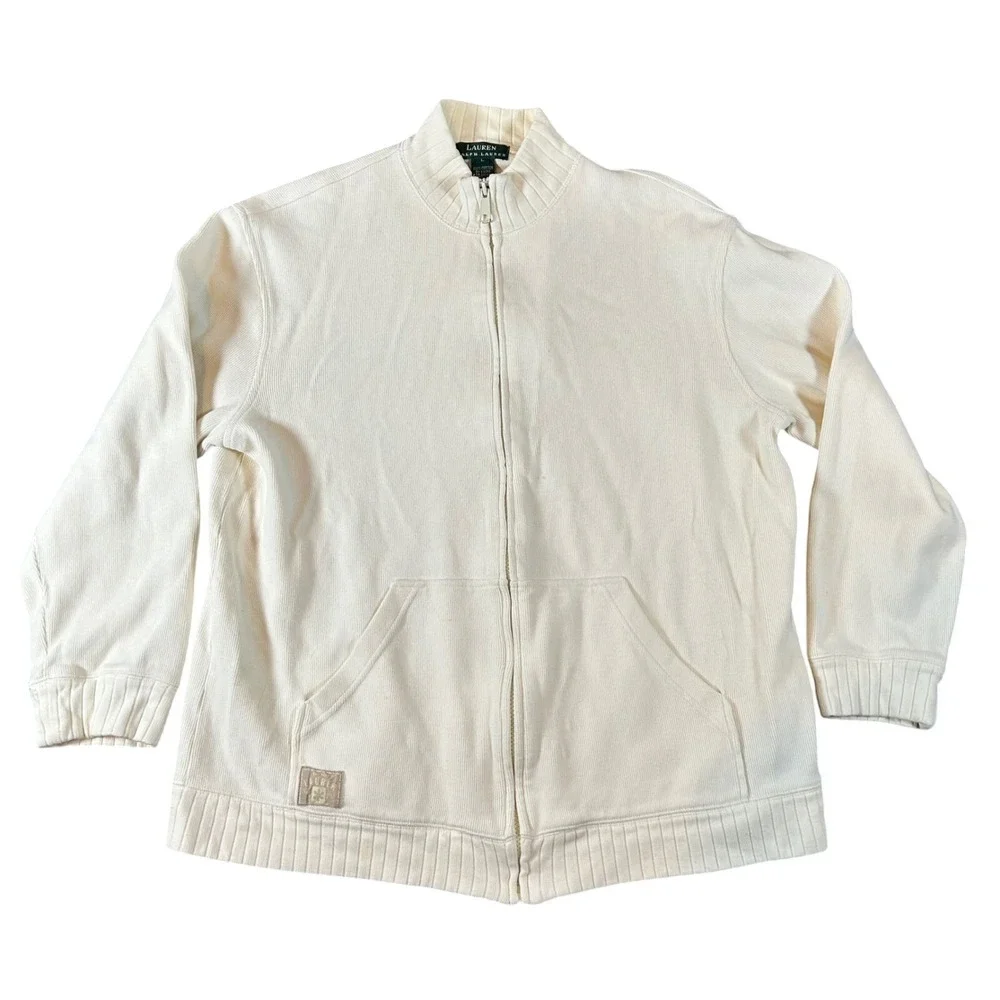 Lauren Ralph Lauren Womens Full Zip Jacket Cream Size L Ski Team Distressed - Picture 1 of 15